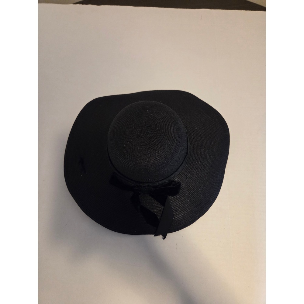 Vintage Style Black Wide Brim Sun Hat with Velvet Ribbon Bow Floppy Straw Hat - Picture 1 of 4